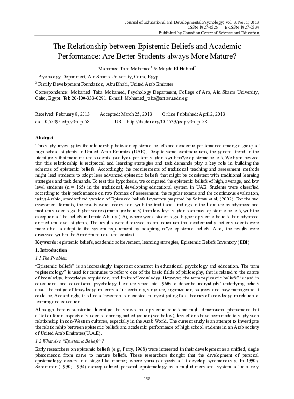 (PDF) The Relationship between Epistemic Beliefs and Academic ...