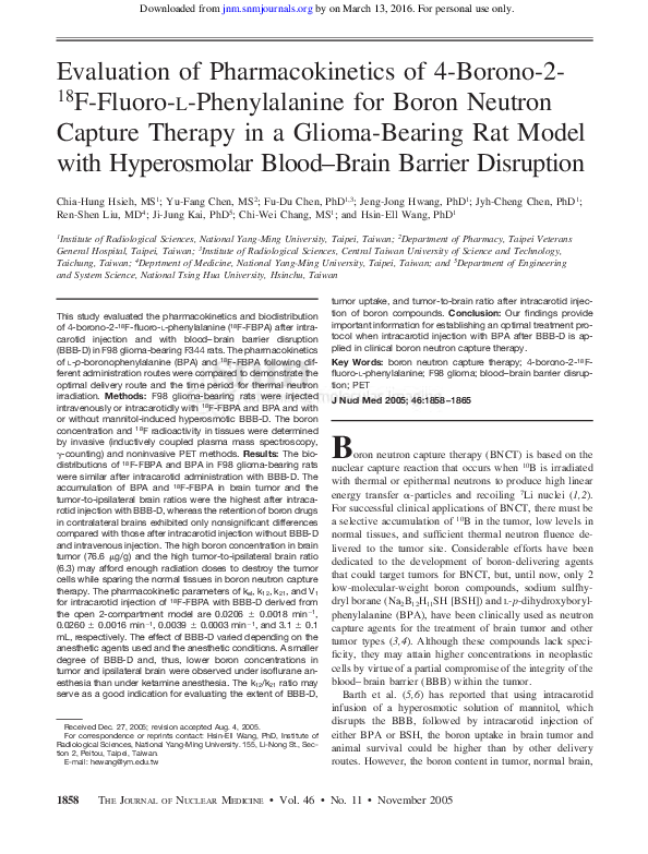 Evaluation of pharmacokinetics of 4-borono-2-(18)F-fluoro-L-phenylalanine for boron neutron capture therapy in a glioma-bearing rat model with hyperosmolar blood-brain barrier disruption