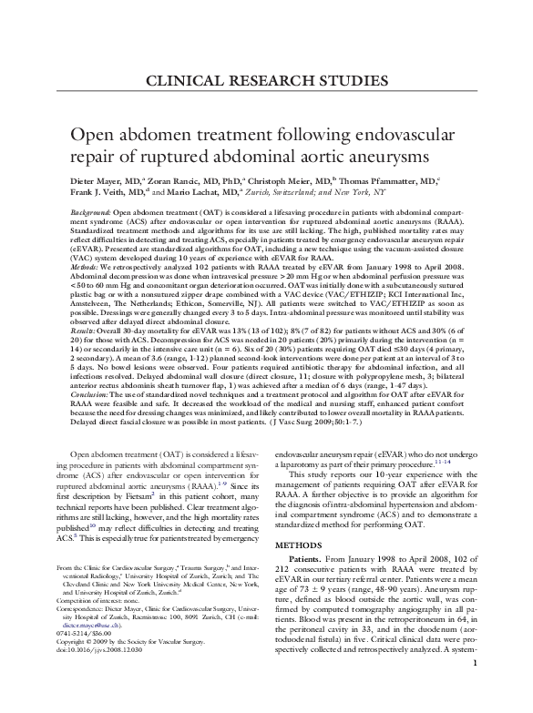 (PDF) Open abdomen treatment following endovascular repair of ruptured ...