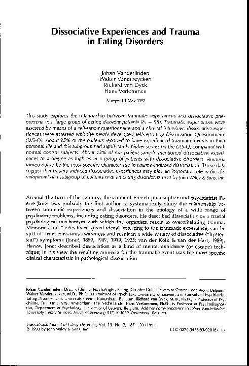 (PDF) Dissociative experiences and trauma in eating disorders