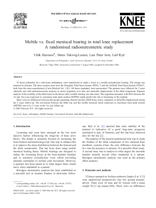 (PDF) Mobile vs. fixed meniscal bearing in total knee replacement