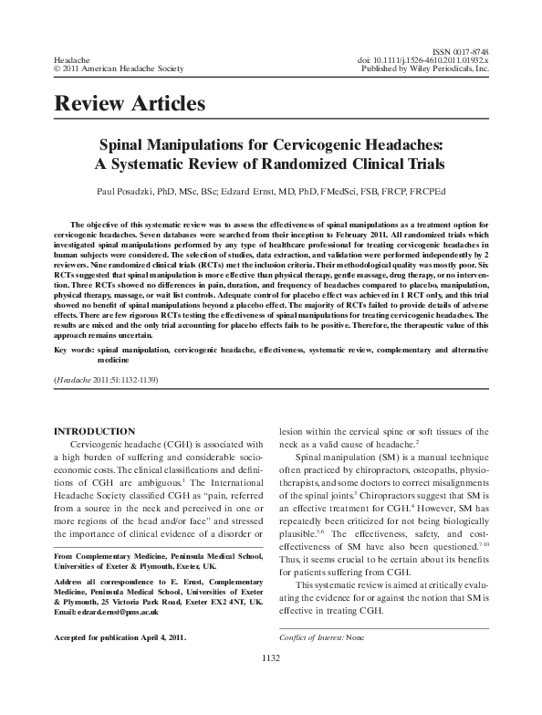 (PDF) Spinal Manipulations for Cervicogenic Headaches A Systematic
