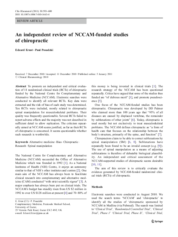 (PDF) An independent review of NCCAM-funded studies of chiropractic