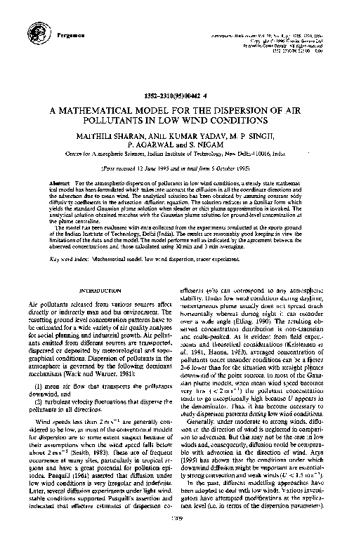 (PDF) A mathematical model for the dispersion of air pollutants in low ...