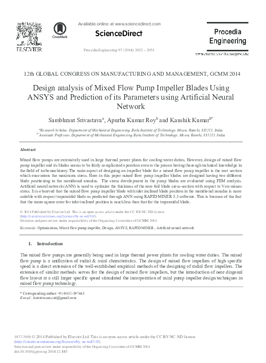 (PDF) Design analysis of Mixed Flow Pump Impeller Blades Using ANSYS ...