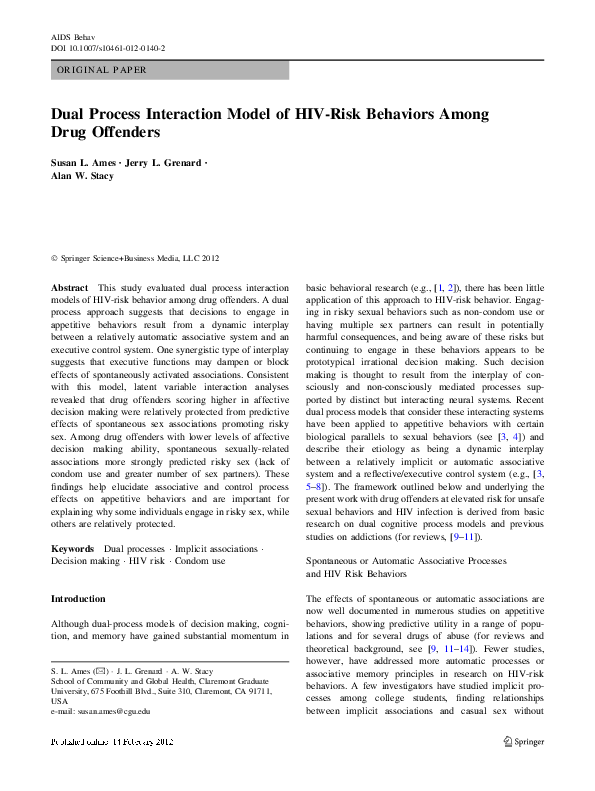 (PDF) Dual Process Interaction Model of HIVRisk Behaviors Among Drug