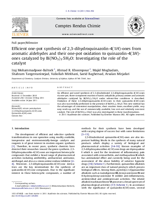 (PDF) Efficient one-pot synthesis of 2,3-dihydroquinazolin-4(1H)-ones ...