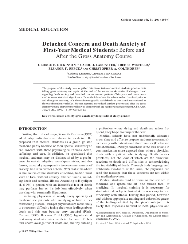 (PDF) Detached concern and death anxiety of first-year medical students ...
