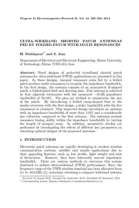 (PDF) Ultra-Wideband Shorted Patch Antennas Fed by Folded-Patch With ...