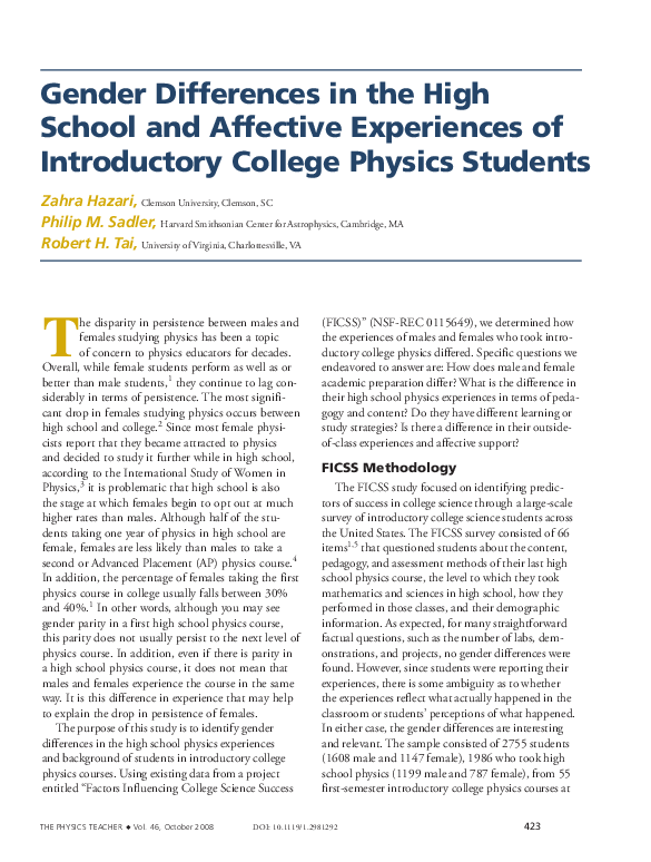 (PDF) Gender Differences in the High School and Affective Experiences ...