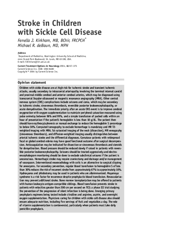 (PDF) Stroke in children with sickle cell disease