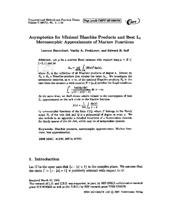 (PDF) Asymptotics for Minimal Blaschke Products and Best Ll Meromorphic ...