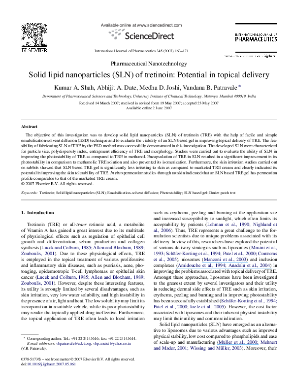 (PDF) Solid lipid nanoparticles (SLN) of tretinoin: Potential in ...