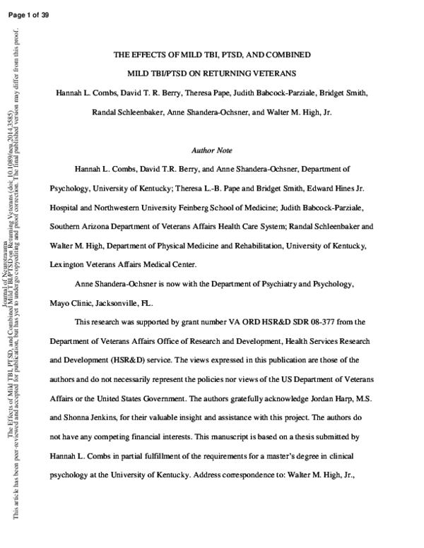 (PDF) The Effects of Mild TBI, PTSD, and Combined Mild TBI/PTSD on ...
