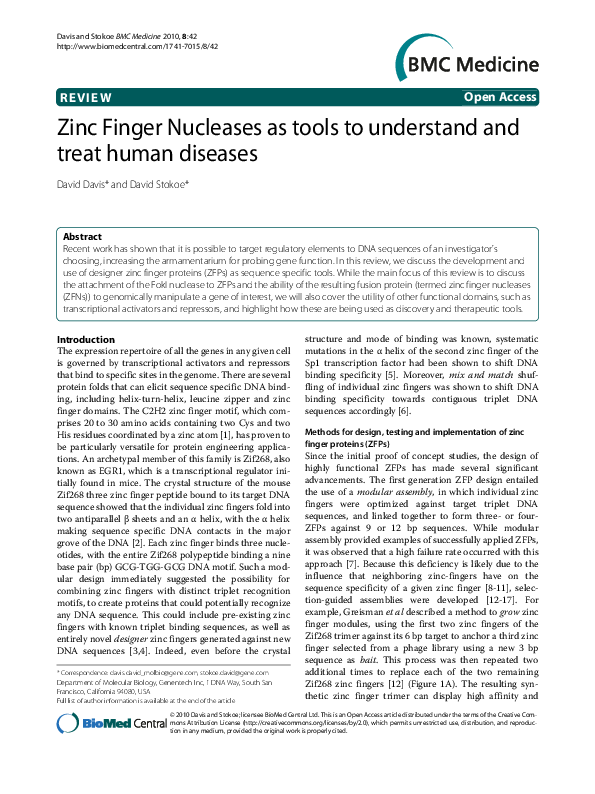 (PDF) Zinc Finger Nucleases as tools to understand and treat human
