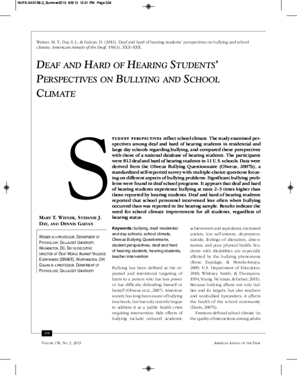 (PDF) Deaf and hard of hearing students' perspectives on bullying and ...