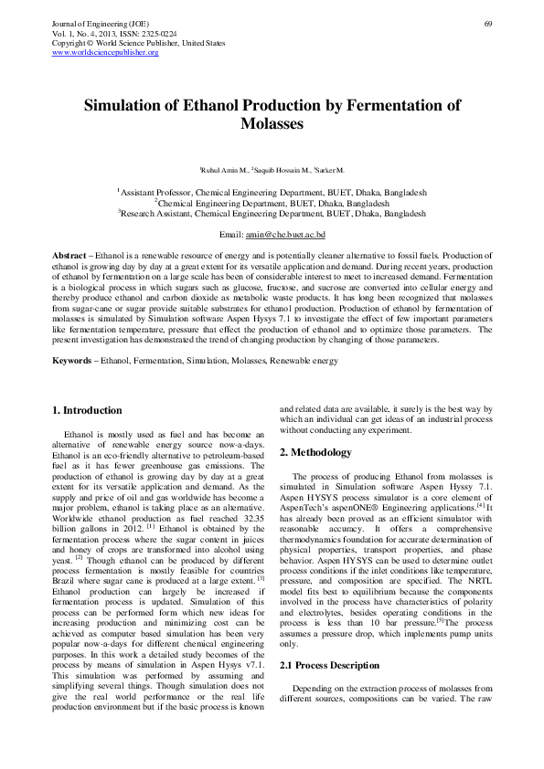 (PDF) Simulation of Ethanol Production by Fermentation of Molasses By