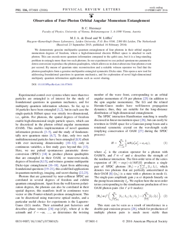 (PDF) Observation of Four-Photon Orbital Angular Momentum Entanglement