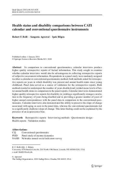 (PDF) Health status and disability comparisons between CATI calendar ...
