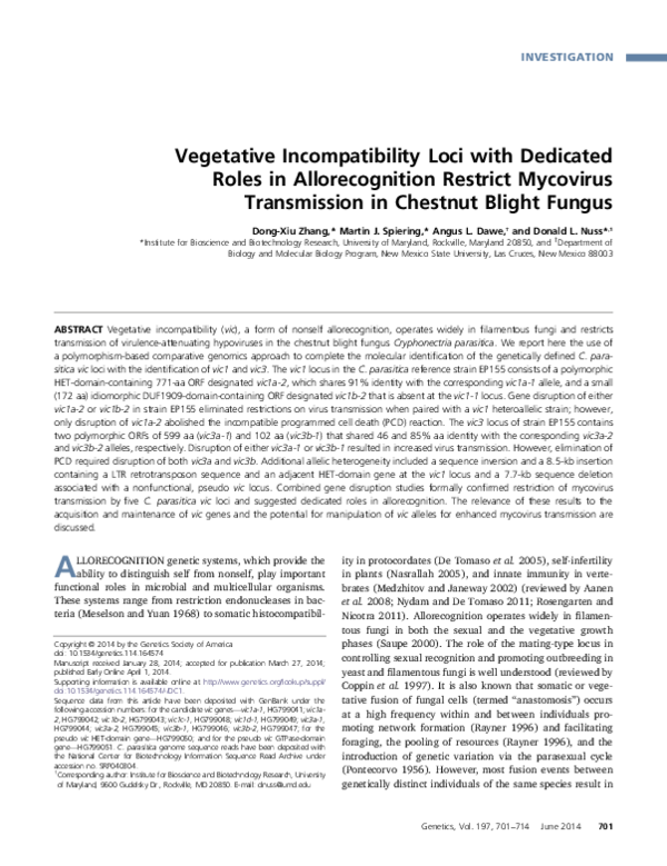 (PDF) Vegetative Incompatibility Loci with Dedicated Roles in ...