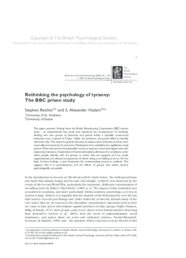(PDF) Rethinking the psychology of tyranny The BBC prison study