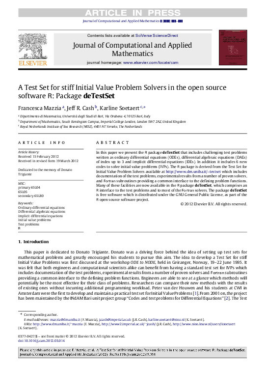 (PDF) A Test Set for stiff Initial Value Problem Solvers in the open ...