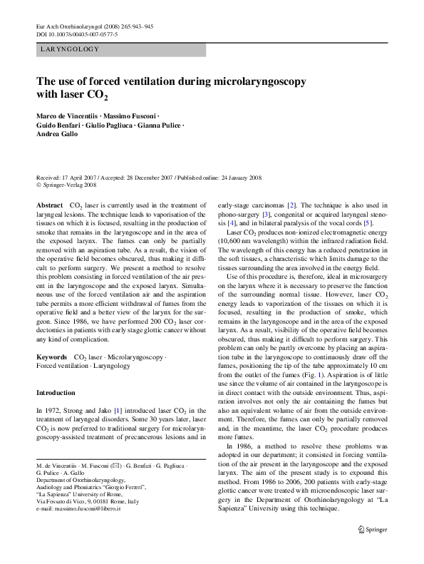 (PDF) The use of forced ventilation during microlaryngoscopy with laser