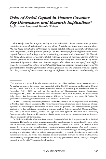 (PDF) Roles of Social Capital in Venture Creation: Key Dimensions and ...