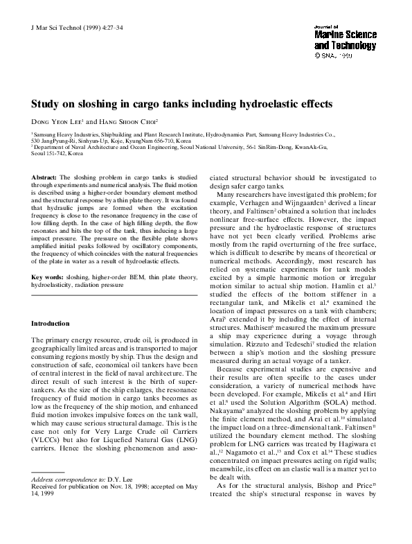 (PDF) Study on sloshing in cargo tanks including hydroelastic effects