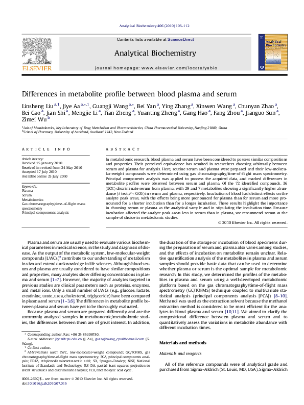 (PDF) Differences in metabolite profile between blood plasma and serum