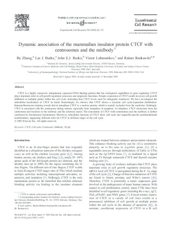 (PDF) Dynamic association of the mammalian insulator protein CTCF with ...