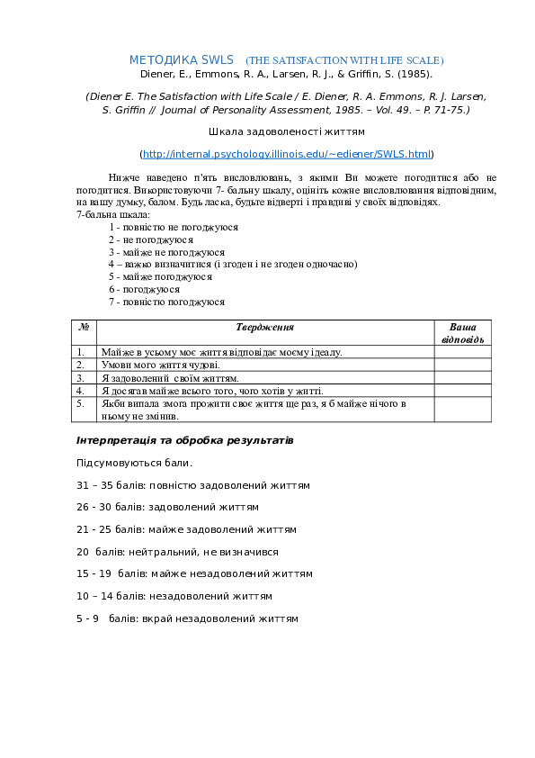 (DOC) МЕТОДИКА SWLS (THE SATISFACTION WITH LIFE SCALE)
