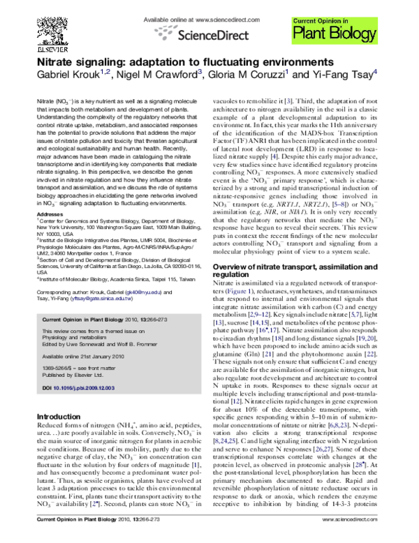 (PDF) Nitrate signaling: adaptation to fluctuating environments