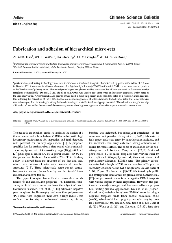 (PDF) Fabrication and adhesion of hierarchical micro-seta