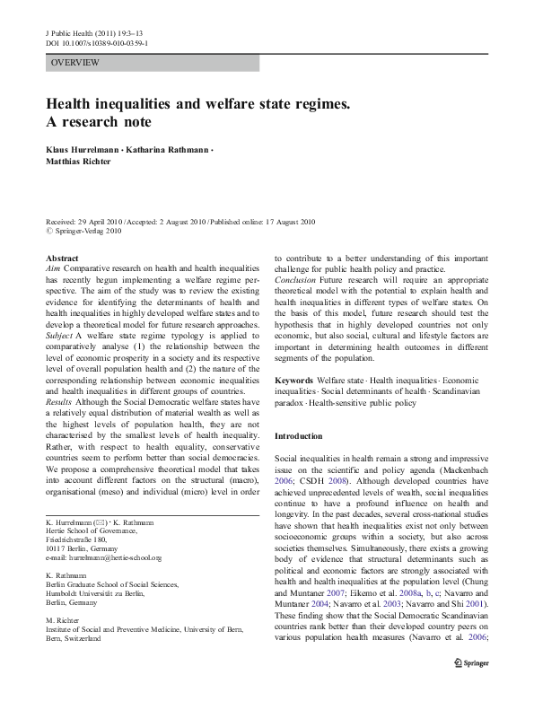 (PDF) Health inequalities and welfare state regimes. A research note