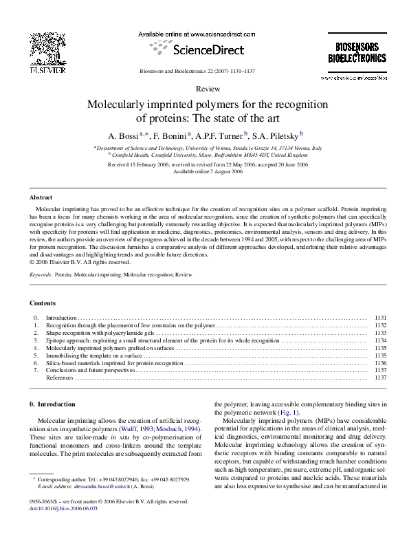 (PDF) Molecularly imprinted polymers for the recognition of proteins ...