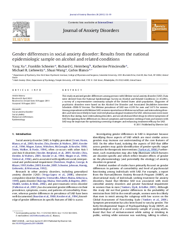 (PDF) Gender differences in social anxiety disorder: Results from the ...