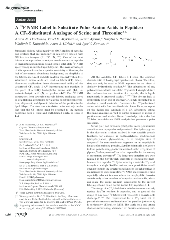 (PDF) A 19F NMR label to substitute polar amino acids in peptides: A ...