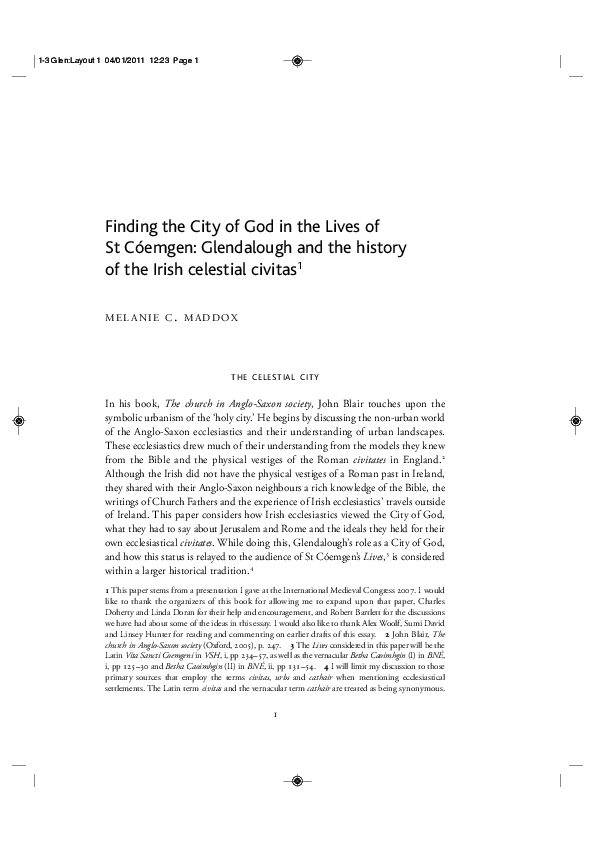 Finding the City of God in the Lives of St Cóemgen: Glendalough and the history of the Irish celestial civitas 1