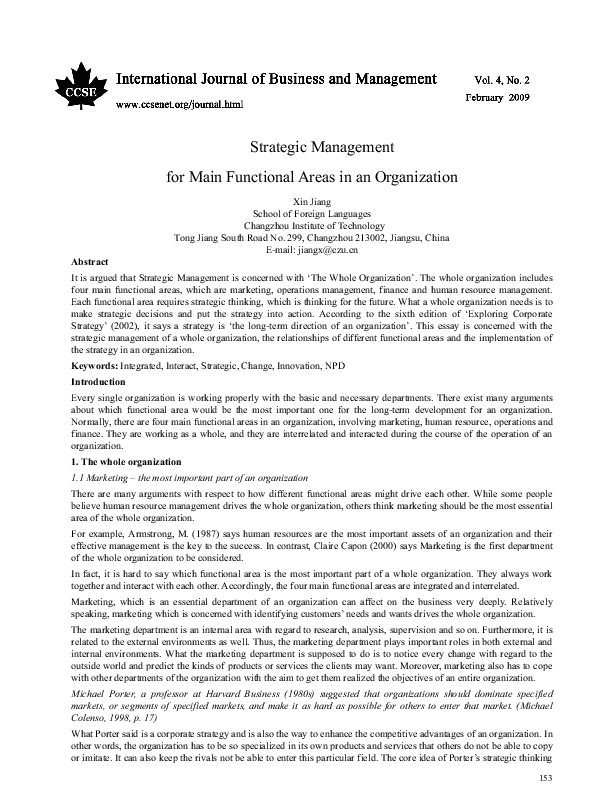 (PDF) Strategic Management for Main Functional Areas in an Organization