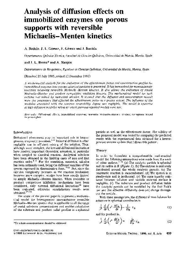 (PDF) Analysis of diffusion effects on immobilized enzymes on porous ...