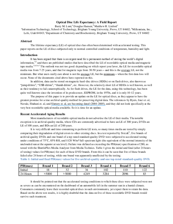 (PDF) Optical Disc Life Expectancy A Field Report Matthew Linford