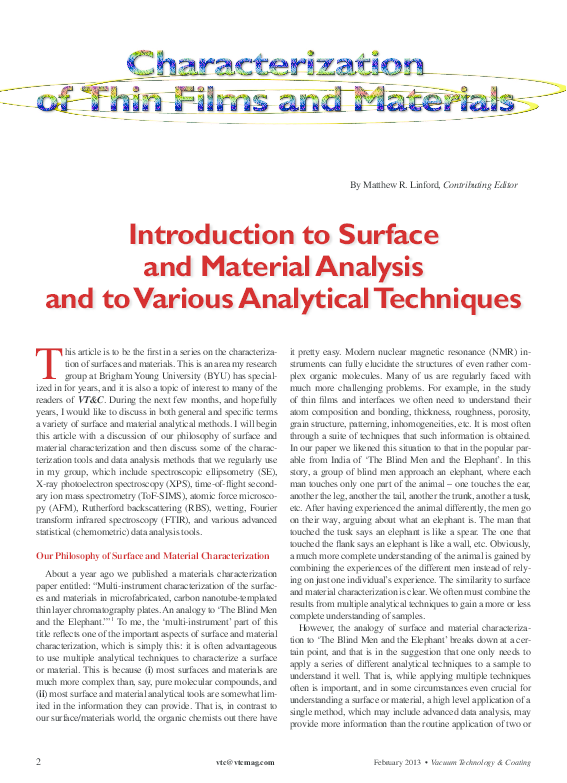 (PDF) Introduction to Surface and Material Analysis and to Various