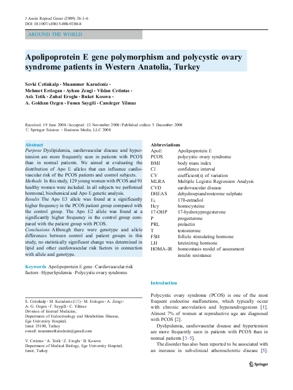 (PDF) Apolipoprotein E gene polymorphism and polycystic ovary syndrome ...