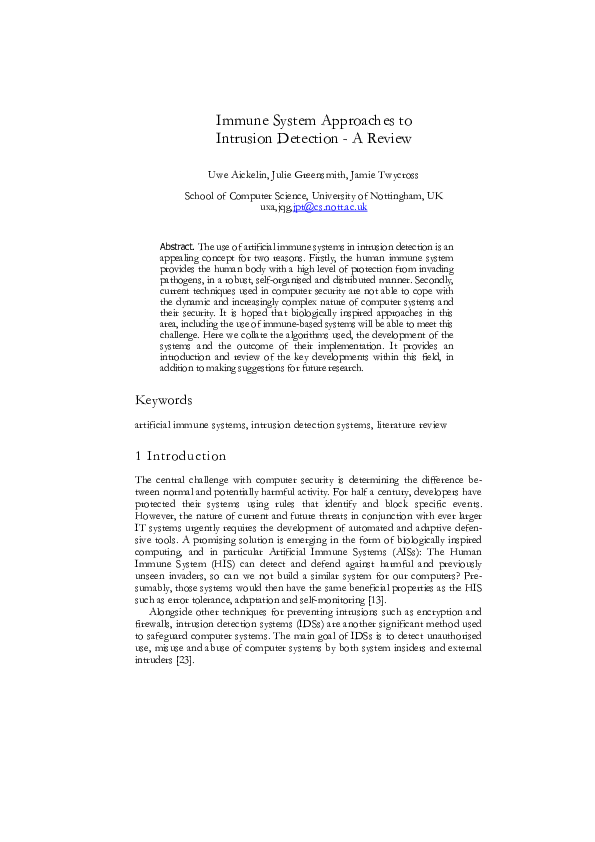 (PDF) Immune System Approaches to Intrusion Detection -A Review