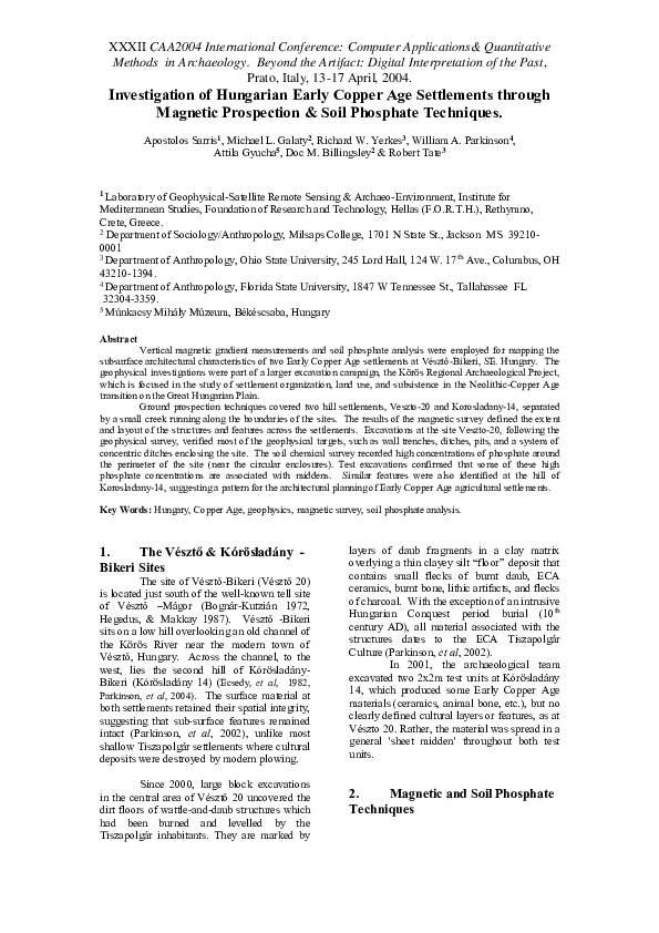 (PDF) Investigation of Hungarian Early Copper Age Settlements through