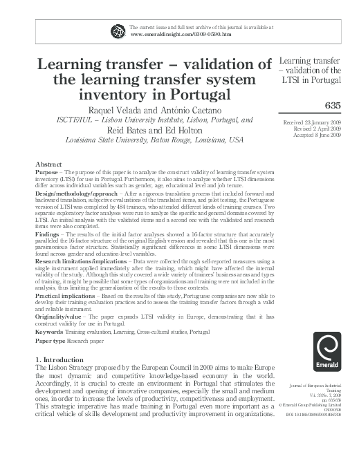 (PDF) Learning transfer – validation of the learning transfer system ...