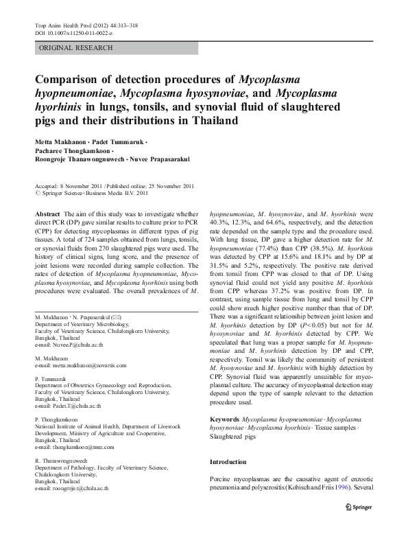 (PDF) Comparison of detection procedures of Mycoplasma hyopneumoniae ...