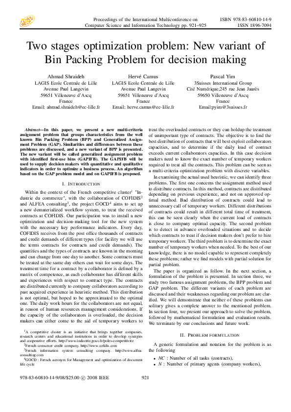 (PDF) Two stages optimization problem New variant of Bin Packing