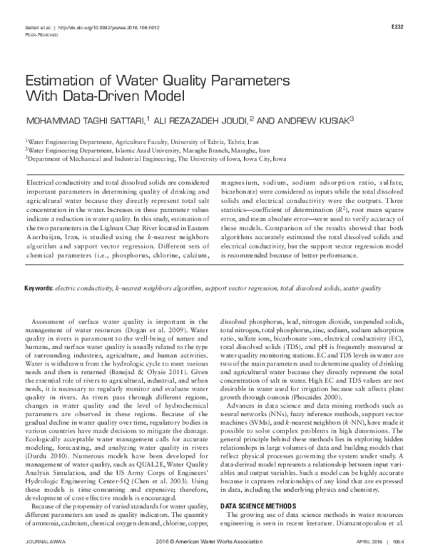 Estimation of water quality parameters with datadriven models Andrew Kusiak Academia.edu
